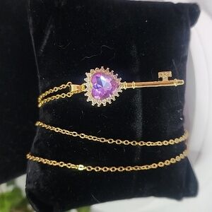 Gold Chain Necklace with AB CZ Purple Heart Key Pendant